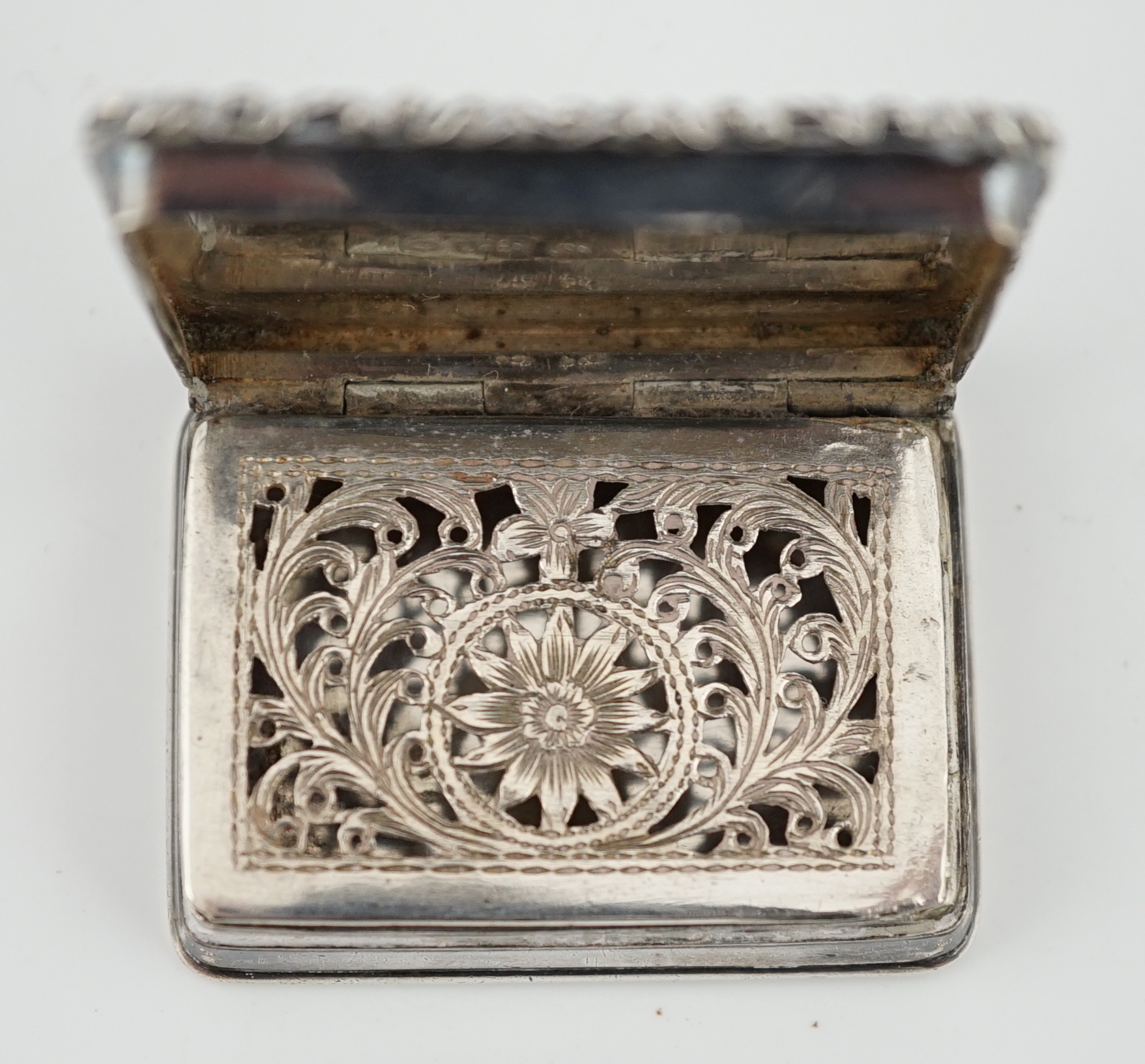 An early Victorian silver rectangular 'castle top' vinaigrette, depicting Abbotsford House, by Edward Smith